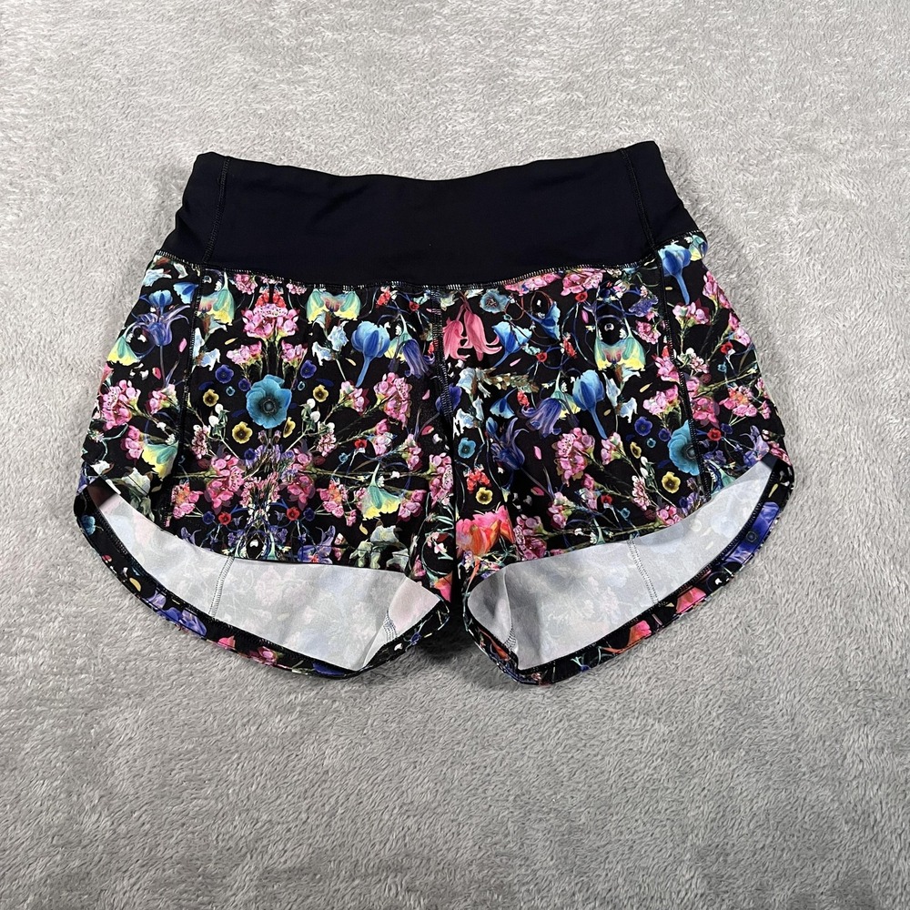 Lululemon Speed Up Shorts Womens 2 Black Floral Lined Mid Rise 4" Running Yoga